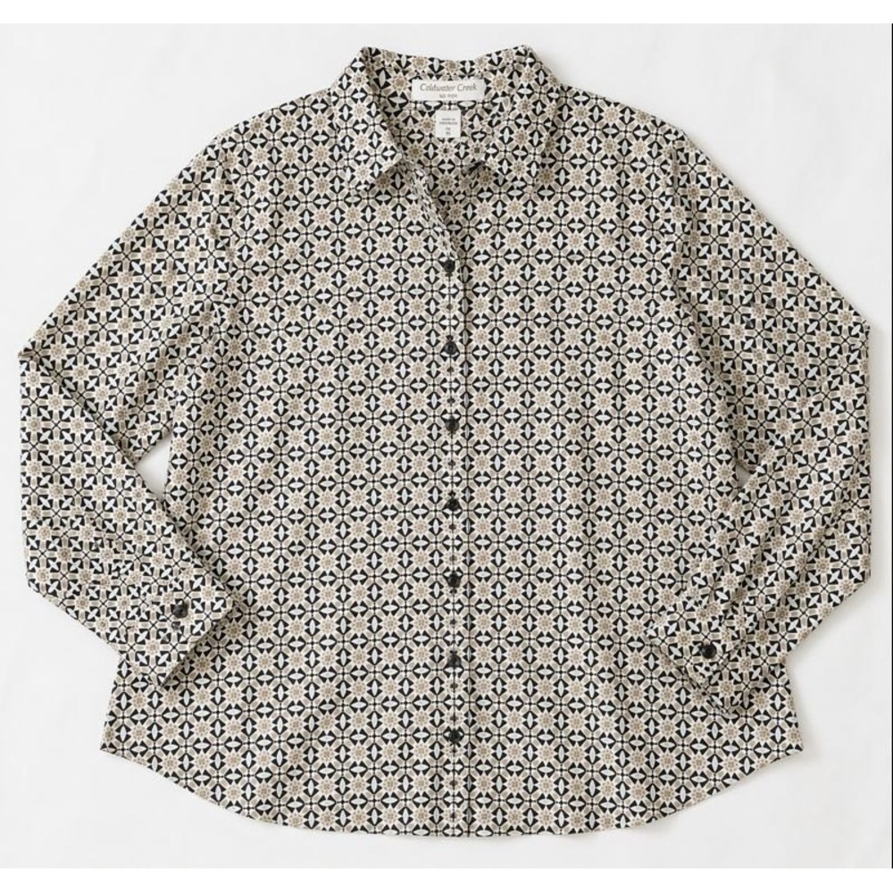 Coldwater Creek Button Up Blouse 1X‎ Beige Black Geometric Print Top